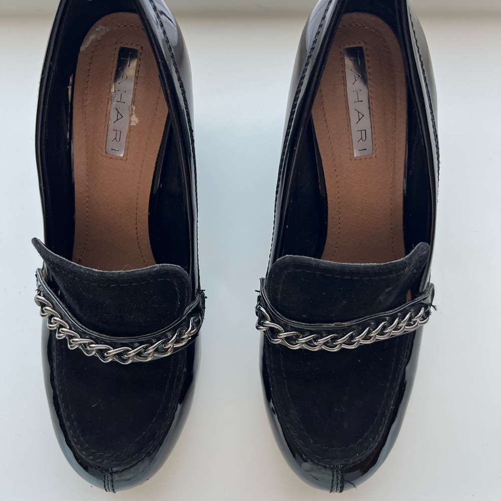 Tahari Black Heels with Suede Finish and Chain Detail